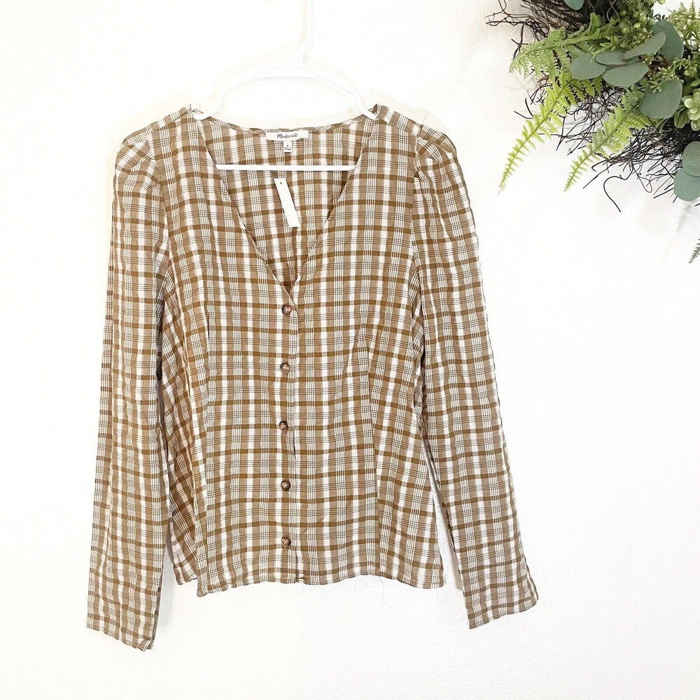 NEW Madewell Women's Westover Top Sandown Plaid Brown Size 8 Long Sleeve Neutral - Picture 2 of 13